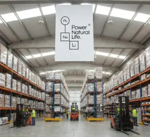 Noticias - 2 Centro logístico de Power Natural Life en Vigo mostrando estanterías industriales de gran altura con stock paletizado de materias primas y operarios gestionando pedidos.