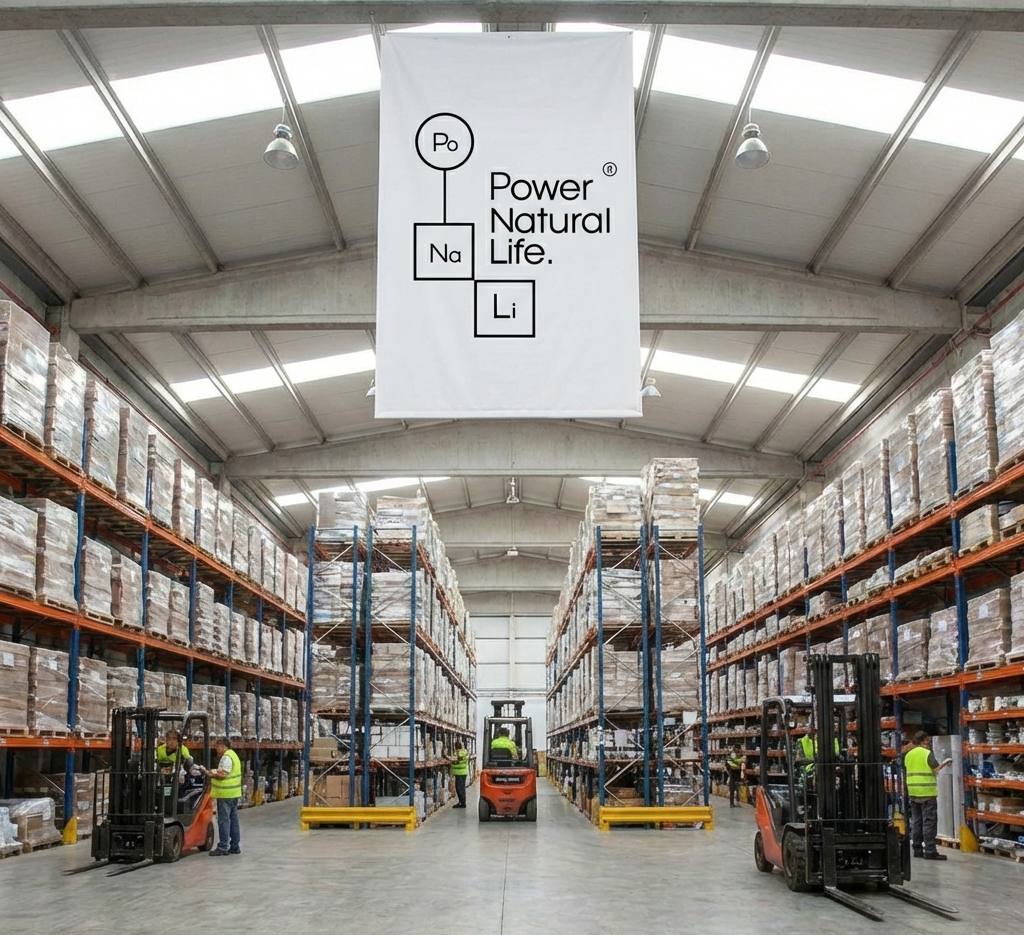 Suministro Industrial 2026: Claves para la Gestión de Materias Primas y Superalimentos en España - 1 Centro logístico de Power Natural Life en Vigo mostrando estanterías industriales de gran altura con stock paletizado de materias primas y operarios gestionando pedidos.